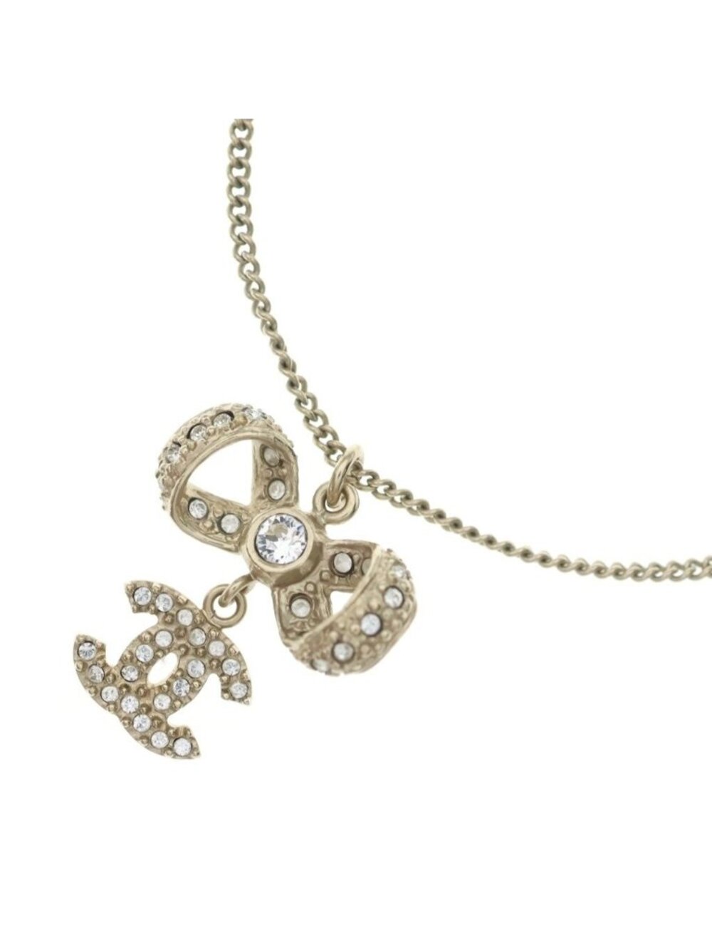 Chanel CC Logo Rhinestone Ribbon Pendant Chain Gold Necklace